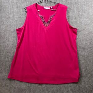 Susan Graver Pink Beaded V Neck Tunic Top Sleeveless Plus 1X Stretch Knit